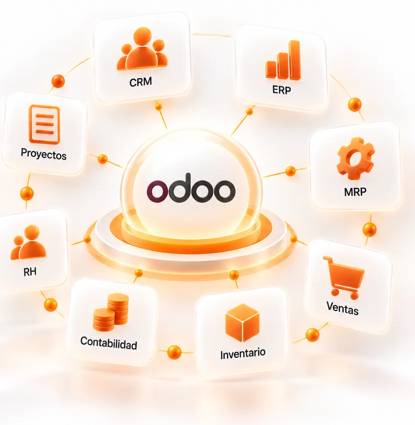 Odoo al centro y sus módulos alrededor: CRM, ERP, MRP, ventas, inventario, contabilidad, recursos humanos y proyectos