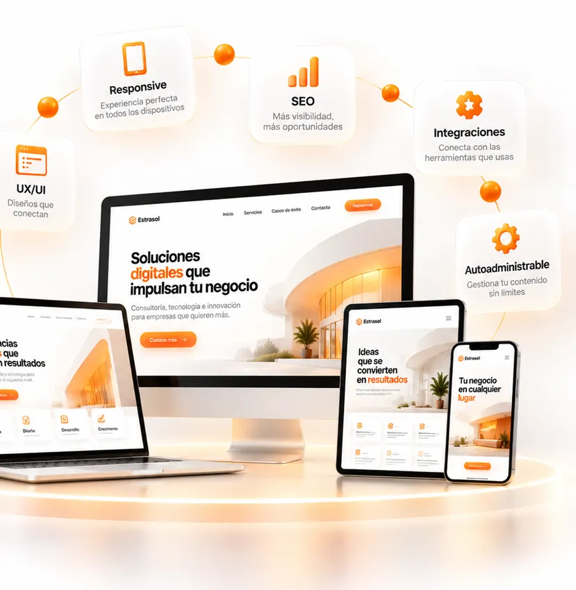 Sitio web de Estrasol en computadora, laptop, tableta y celular, con sus características: responsivo, SEO, integraciones y autoadministrable
