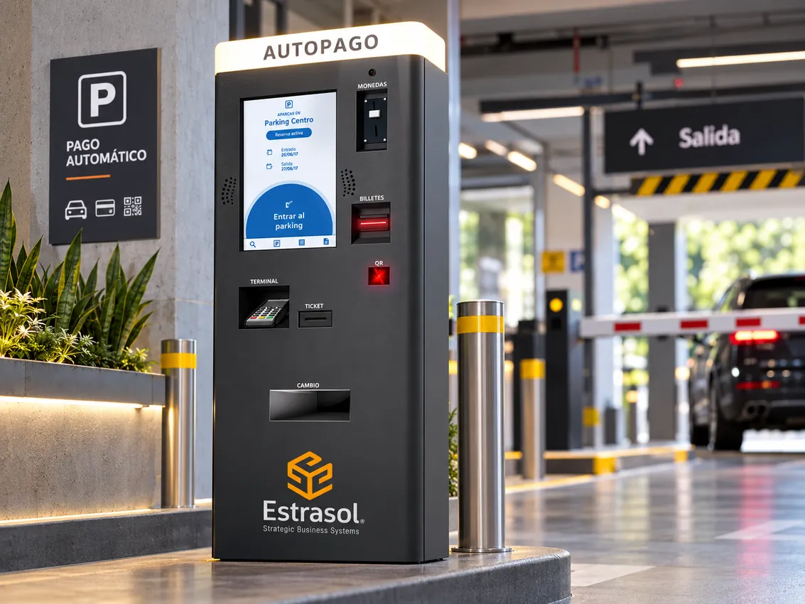 Kiosco de autopago Estrasol en la salida de un estacionamiento