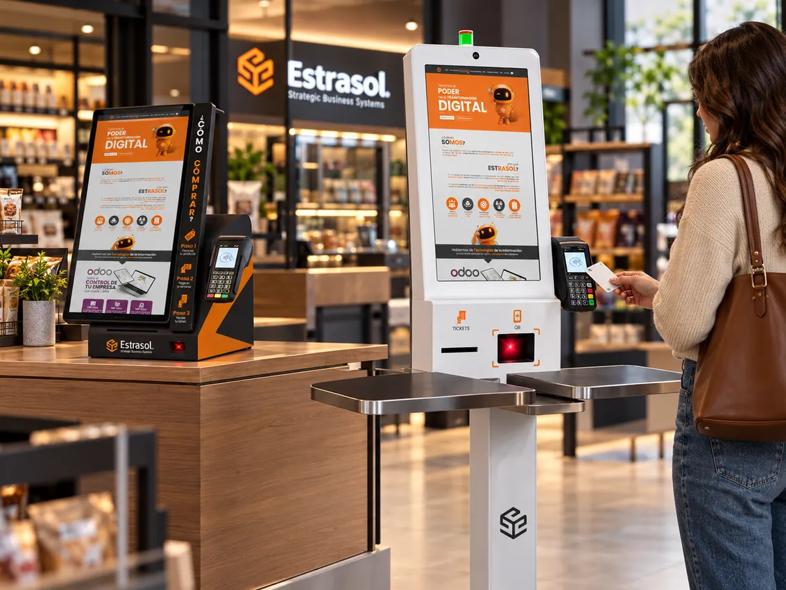 Cliente pagando con tarjeta en un kiosco Retail POS de Estrasol dentro de una tienda