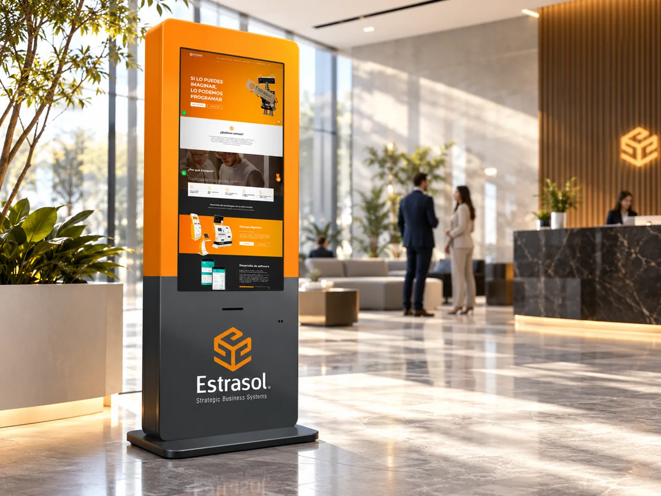 Tótem View de gran formato de Estrasol en el lobby de una empresa