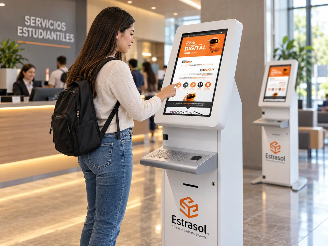 Estudiante usando un kiosco Estrasol en servicios estudiantiles de una universidad